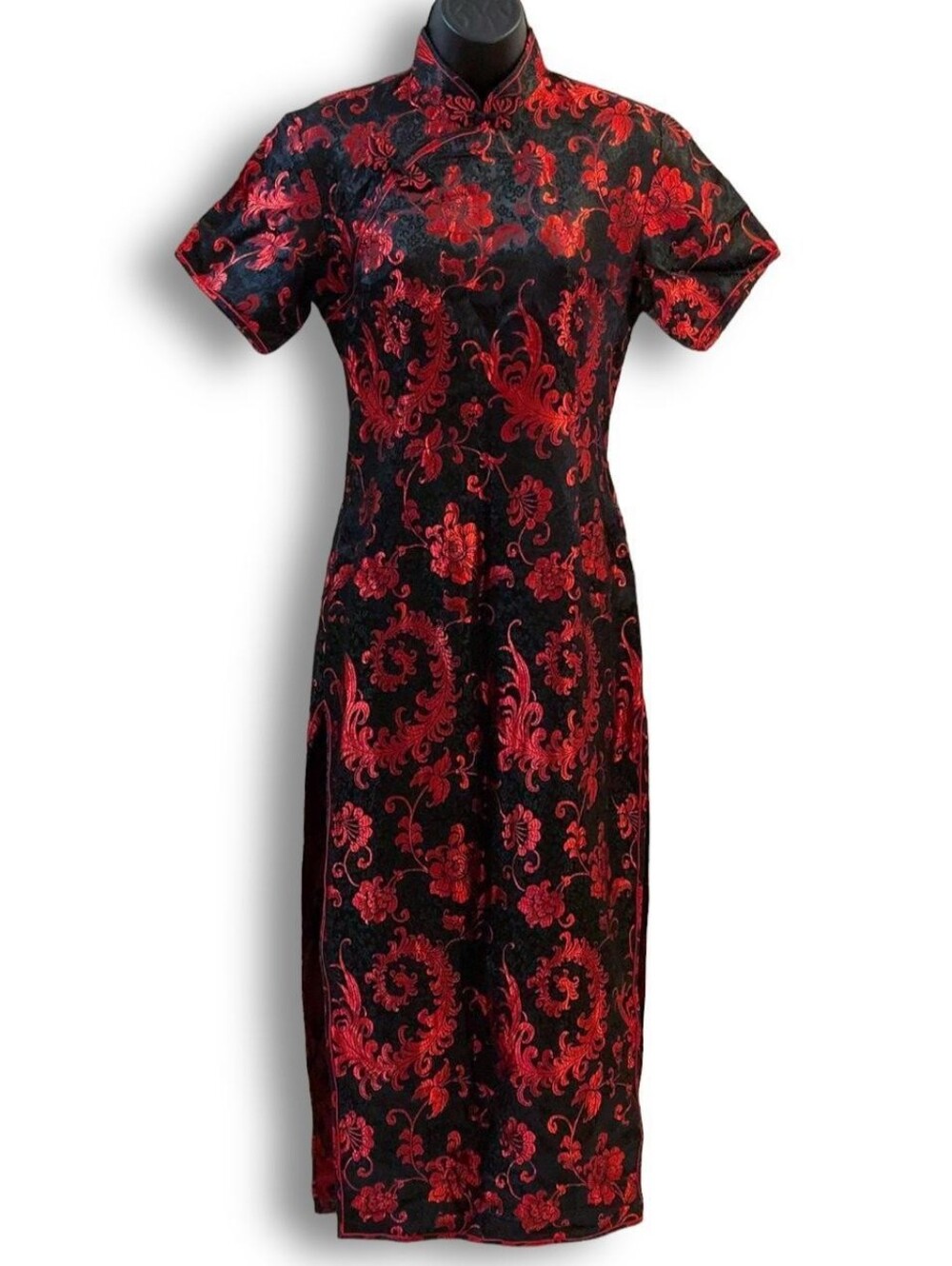 Black Red Floral Brocade Cheongsam Qipao Dress Size XXXL